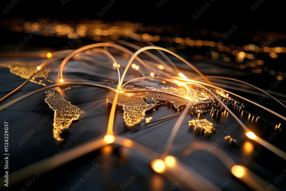 Aufkleber global connectivity network visualized over a dark world map with bright light trails in a digital s