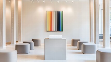 An elegant corner of a modern art gallery showcasing a featured artwork on a minimalist pedestal surrounded by neutral-toned seating. The clean lines of the architecture serve as a perfect backdrop