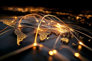 Global connectivity network visualized over a dark world map with bright light trails in a digital style