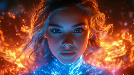 Obraz premium Enigmatic woman surrounded by fiery and glowing light in fantasy scene