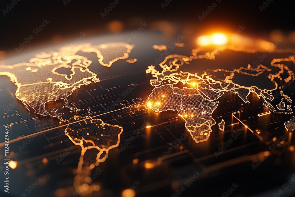 Poster digital globe displaying interconnected continents and vibrant data networks with glowing lines high