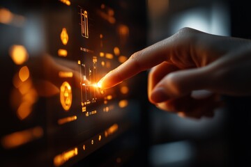 Interacting with a futuristic touchscreen interface displaying data and graphs in a modern environment