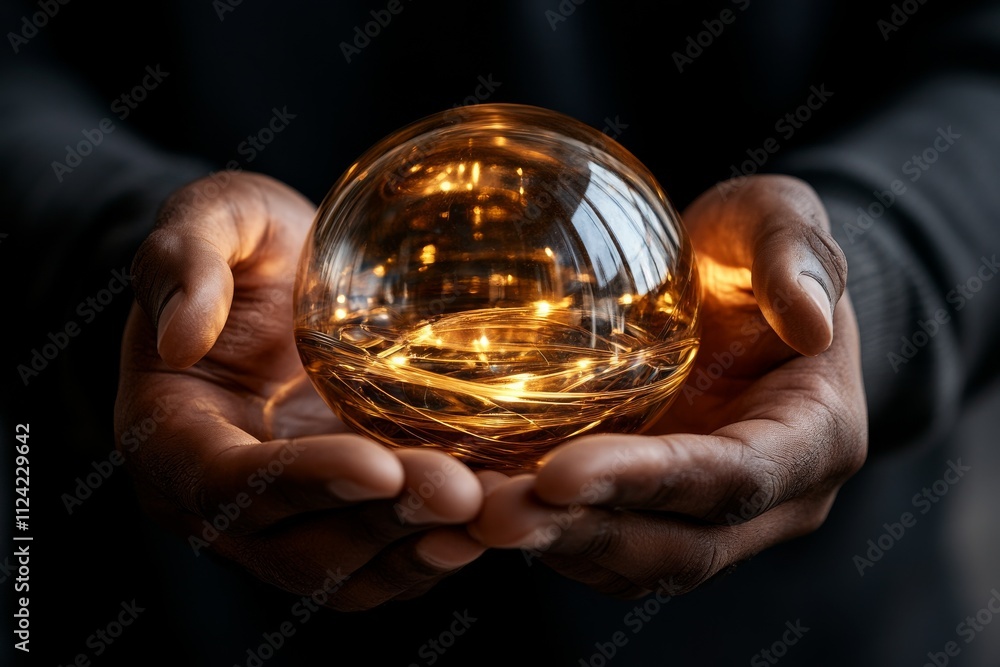 Poster hands gently cradle a glowing orb with warm lights reflecting in a dark setting creating a mystical 