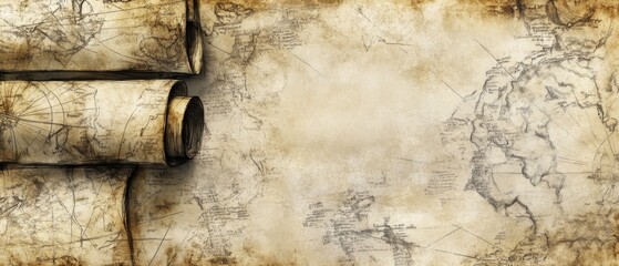 Ancient maps rolled on parchment background sketch illustration.