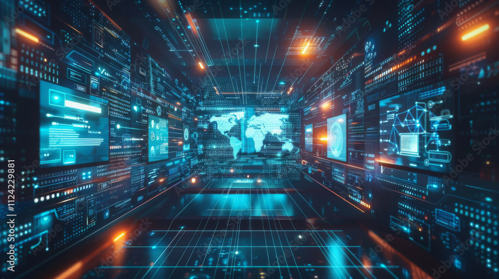 Poster virtual screen to ​the icon security on the virtual display to data protection cyber security privac