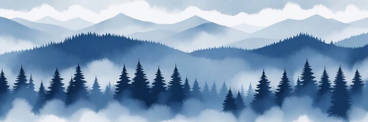 Fototapeta premium Misty Mountain Landscape with Pine Forest in Winter, Serene Blue Tones and Layers of Fog Create a Tranquil Scene, Concept Nature Background, Winter Themes, and Banner Designs, Flat Illustration