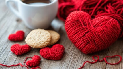 Fototapeta premium A heartwarming winter scene with coffee, cookies, and knitted red hearts symbolizes love and warmth.