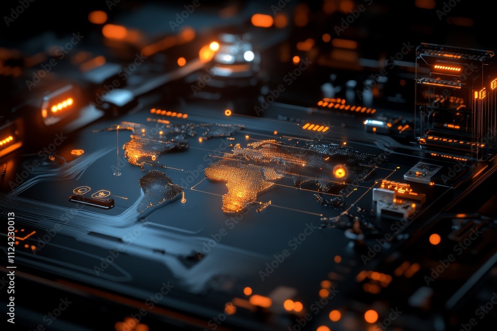 Poster illuminated circuit board showcasing africa's map with glowing elements in a dark environment