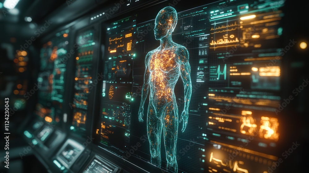 Poster futuristic display of a human body with data visualization.
