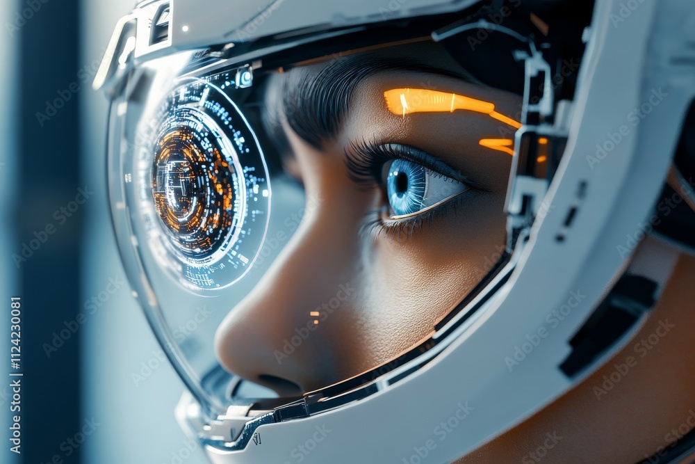Poster close-up of a futuristic cybernetic helmet with advanced digital display technology reflecting in th