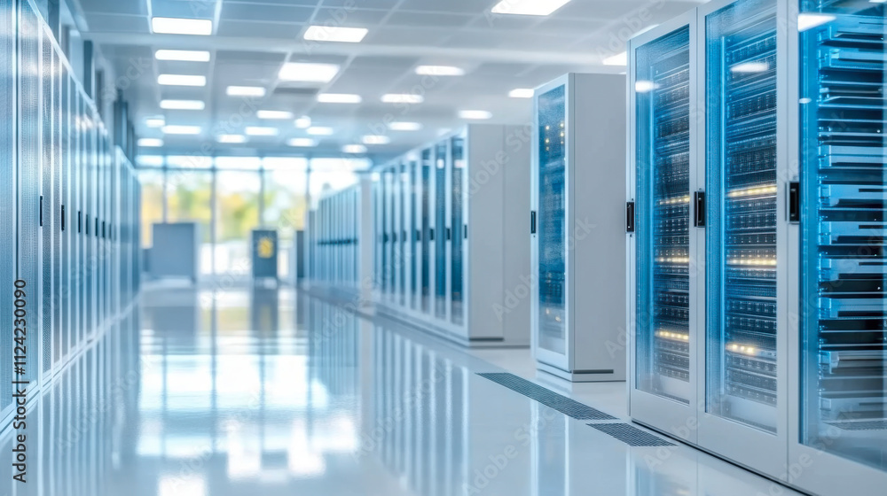 Poster server racks in server room cloud data center. exit door. datacenter hardware cluster