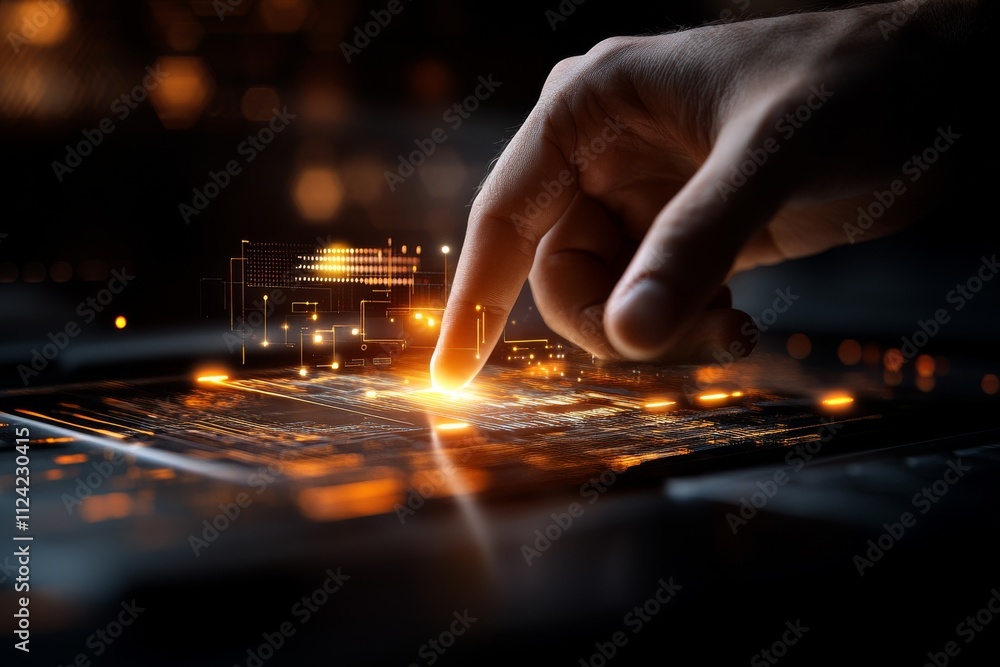 Aufkleber finger touching a glowing interface with digital data in a futuristic environment