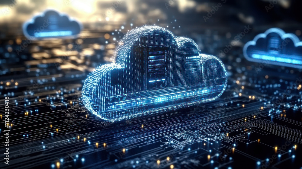 Poster futuristic cloud computing technology on background of microcircuit elements