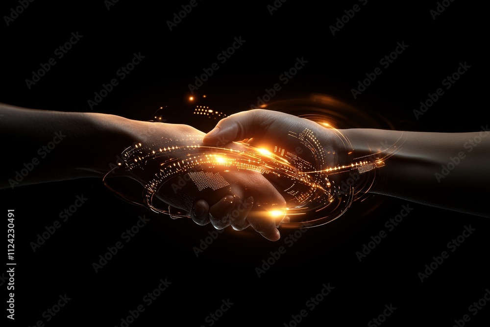 Aufkleber hands join together with glowing energy in a digital interaction representing connection and collabo