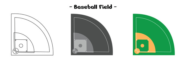 Baseball field set design, available outline, black and green. editable vector eps 10.