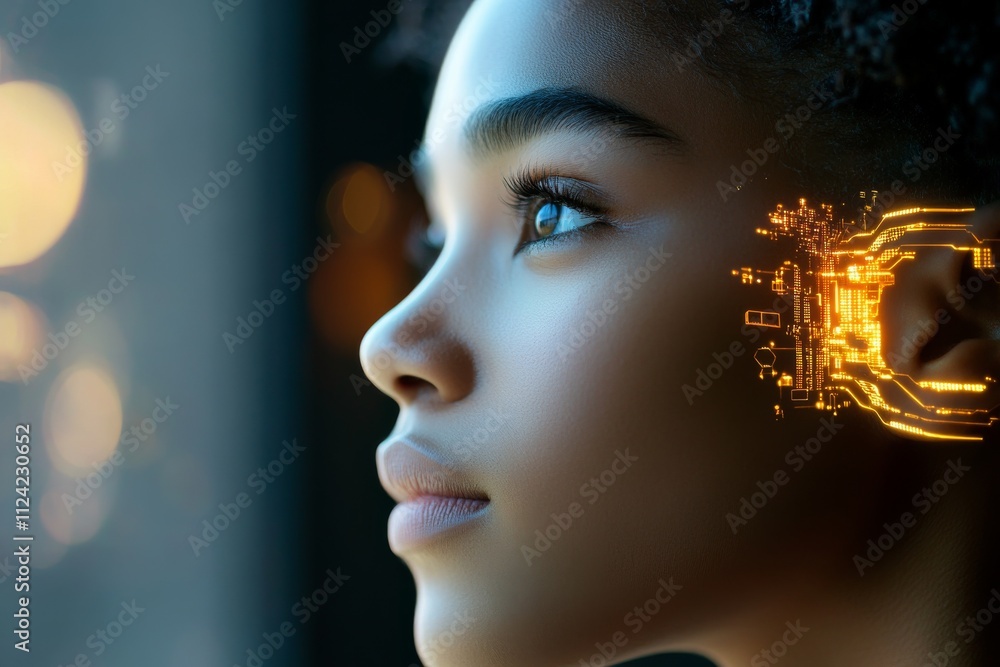 Poster human and technology merge in a creative portrait highlighting artificial intelligence and connectio