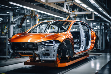 Obraz premium Interior shot of a modern automobile production line in a high-tech assembly plant