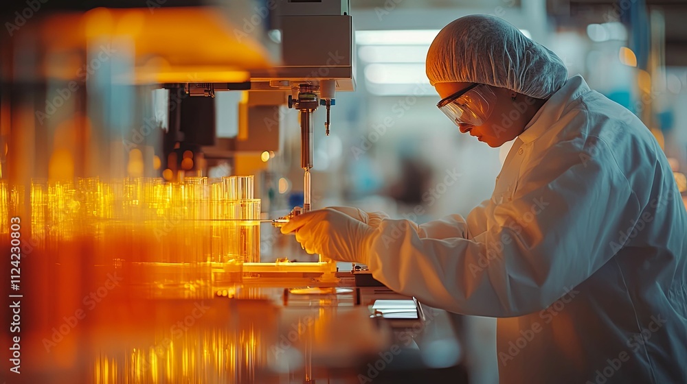 Poster scientist working in a laboratory with glowing samples