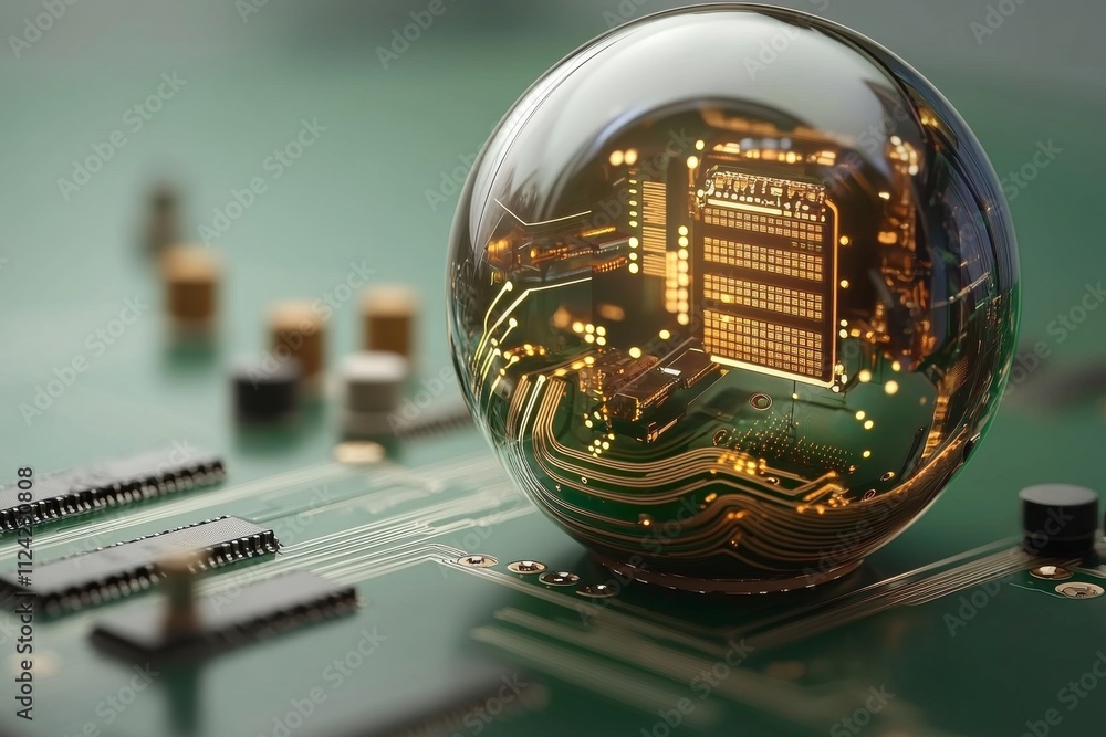 Aufkleber close-up of a transparent sphere showcasing intricate circuit patterns on a green motherboard