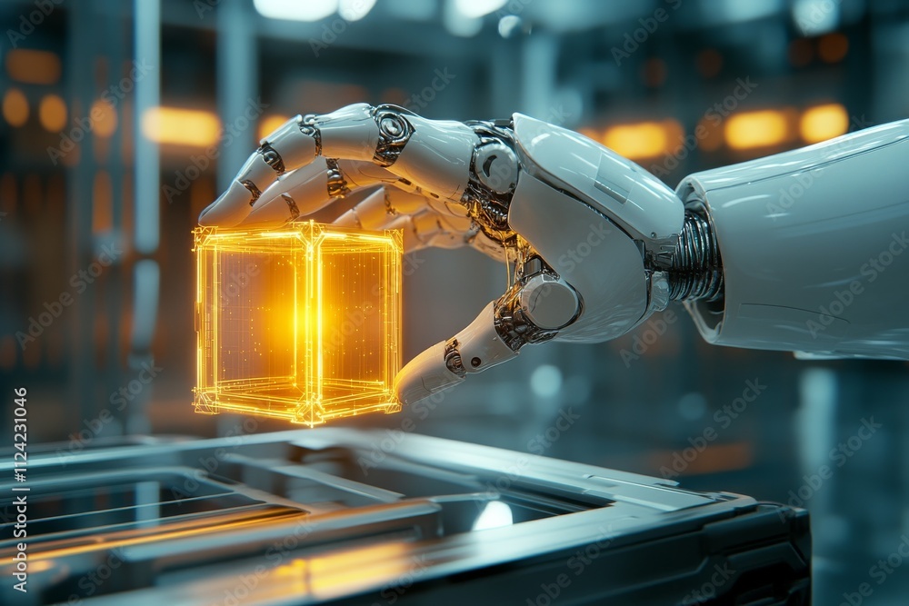 Poster robotic hand interacting with glowing cube in futuristic technology setting