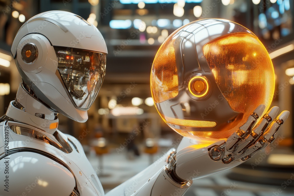 Poster robot holds glowing orb in modern indoor setting, showcasing advanced technology and design in a fut