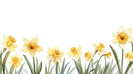 Fototapeta premium Daffodil field frame or border. watercolor illustration, Perfect for nursery art, simple clipart, single object, white color background. for greeting cards weddings or birthdays