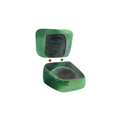 Open box for jewelry. Packaging for an engagement ring, a declaration of love, a solemn marriage proposal. Isolated watercolor illustration