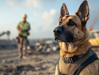 Rescue dog assists in industrial site operations urban area photograph daylight close-up canine heroism