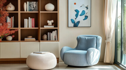 blue armchair and  Mid-century interior design of modern living room