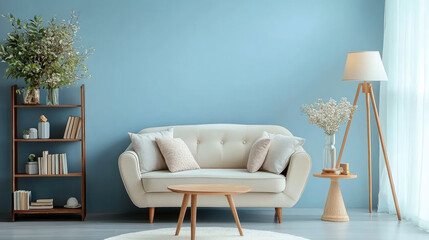 armchair sofa Book shelf and blue wall. Scandinavian home interior design of modern living room