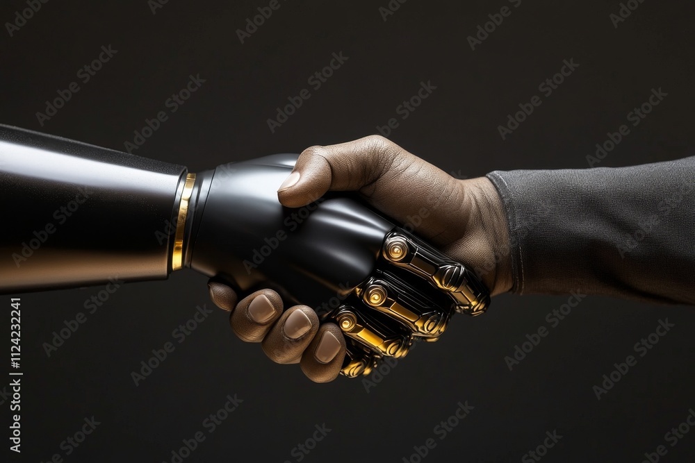 Poster technology and humanity unite through a handshake between a robotic hand and a human hand in a moder