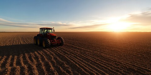 Tractor spraying crops in a vast open field at sunrise, embodying modern farming against a backdrop of expansive horizons.