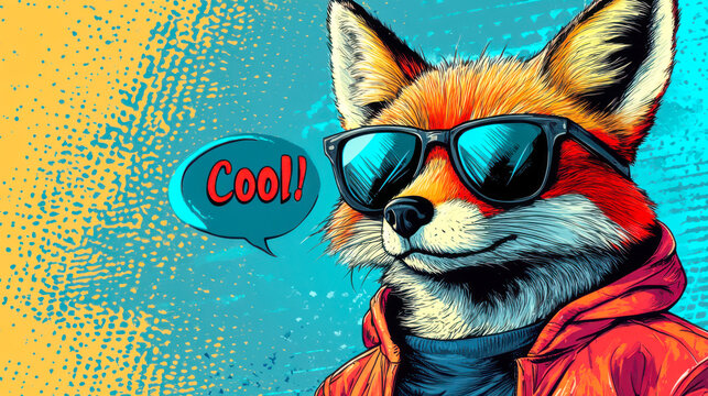Pop art fox in sunglasses with "cool" speech bubble