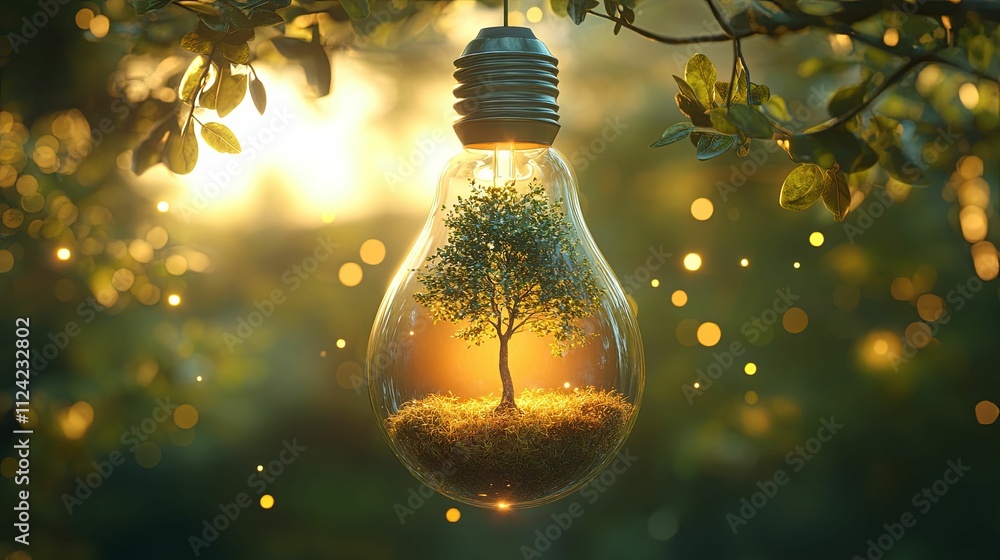 Poster a small tree grows inside a lightbulb hanging from a branch