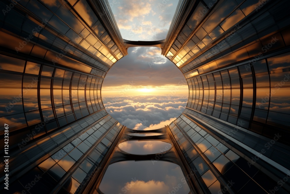 Poster unique architectural design frames sunset over clouds in urban setting