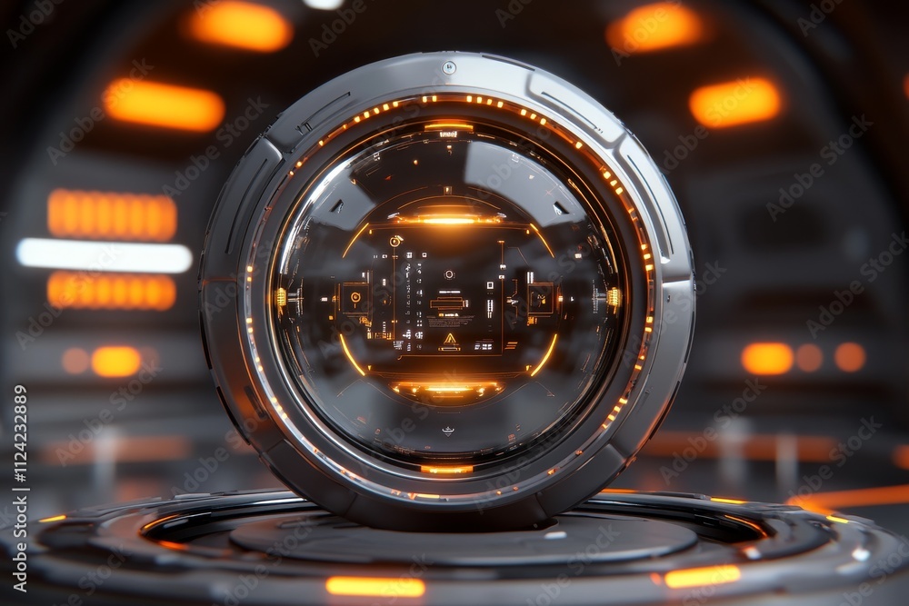 Poster high-tech spherical interface with glowing orange lights in a futuristic setting