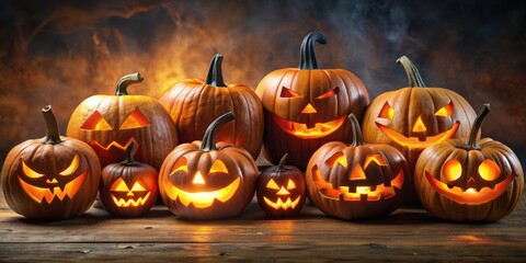 Collection of spooky Halloween pumpkins, Jack O Lanterns with evil faces and eyes isolated on background, spooky, Halloween