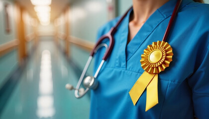 Healthcare professional promotes childhood cancer awareness with a golden ribbon in a hospital setting