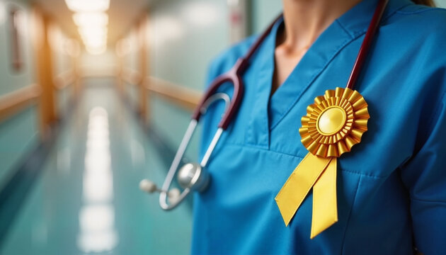 Healthcare professional promotes childhood cancer awareness with a golden ribbon in a hospital setting