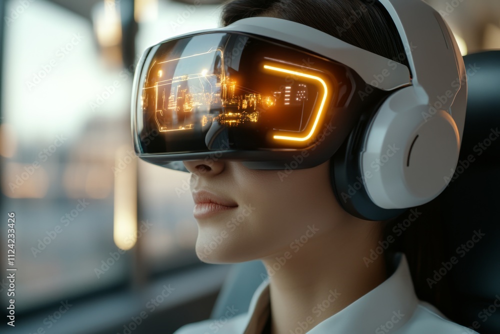 Poster exploring virtual reality technology through immersive experiences at a futuristic location