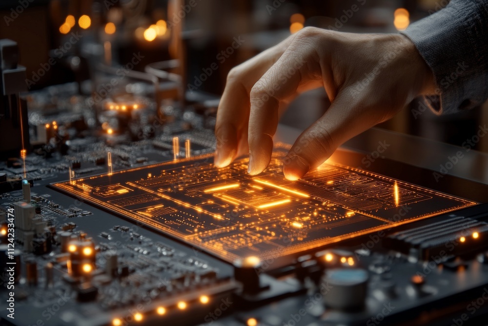 Poster close-up view of hand manipulating circuit board components with glowing lights in a high-tech envir