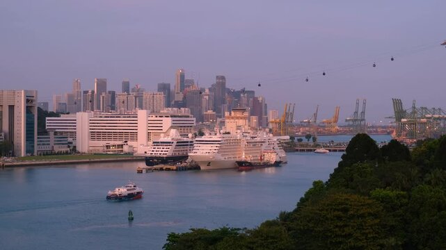 Beautiful Singapore harbour front sunset, the top view angle from Sentosa Island.