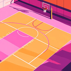Colorful basketball court with vibrant geometric patterns during daylight in an urban setting