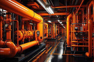 Overview of a machine room with compressors and extensive industrial piping