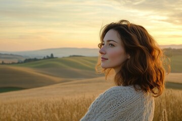 Fototapeta premium Woman in a Serene Countryside at Sunset 
