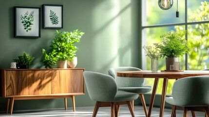 Mint color chairs wooden dining table in room with sofa and cabinet near green wall living room