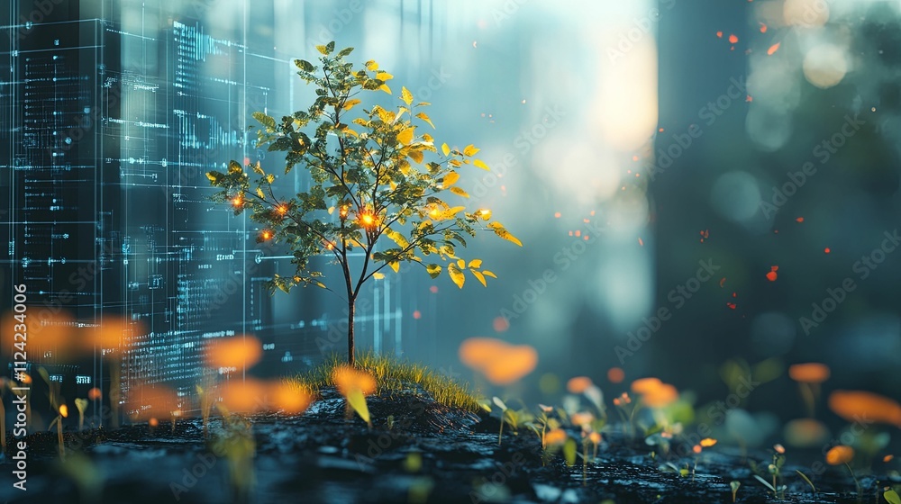 Poster young sapling illuminated by digital data stream