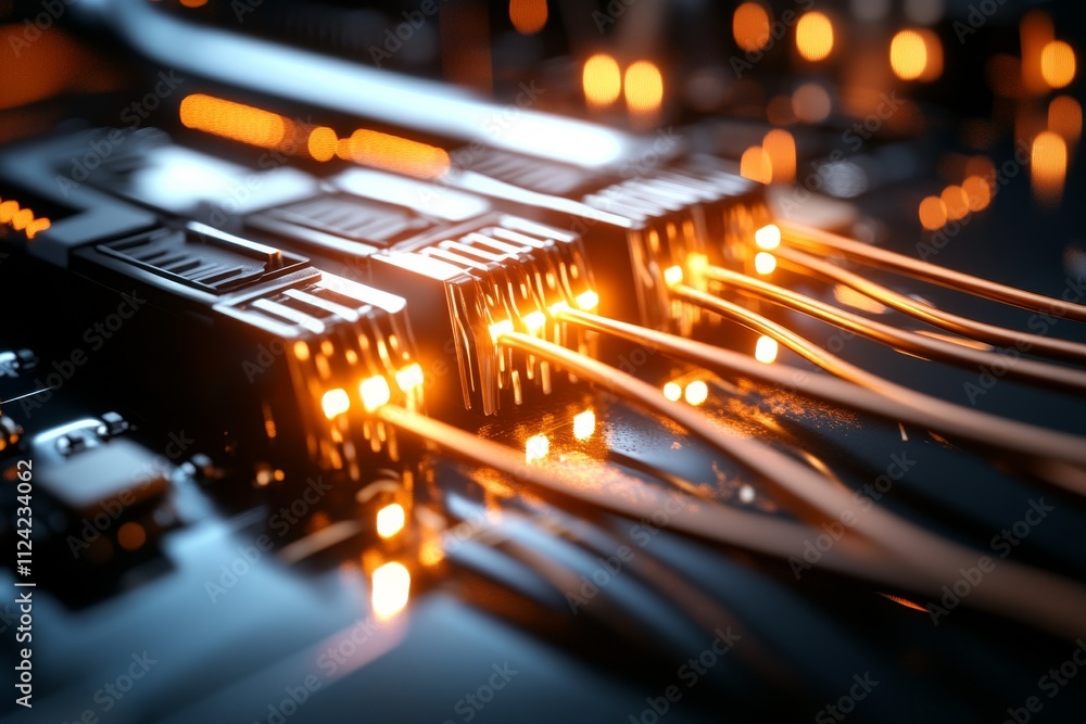 Poster wires connecting illuminated components on a circuit board in a modern technology setup during night
