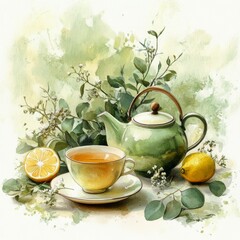 Tea Set with Lemon and Floral Accents in Watercolor Style 