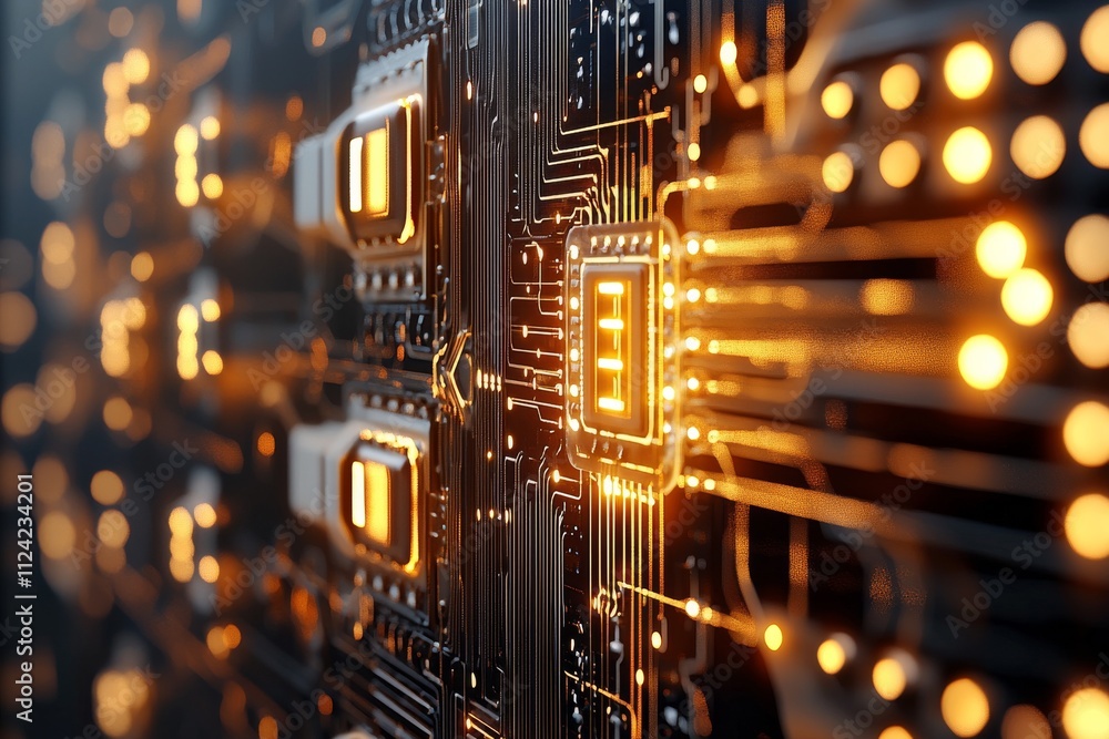 Poster close-up view of glowing circuit board highlighting connections and technology in a modern electroni